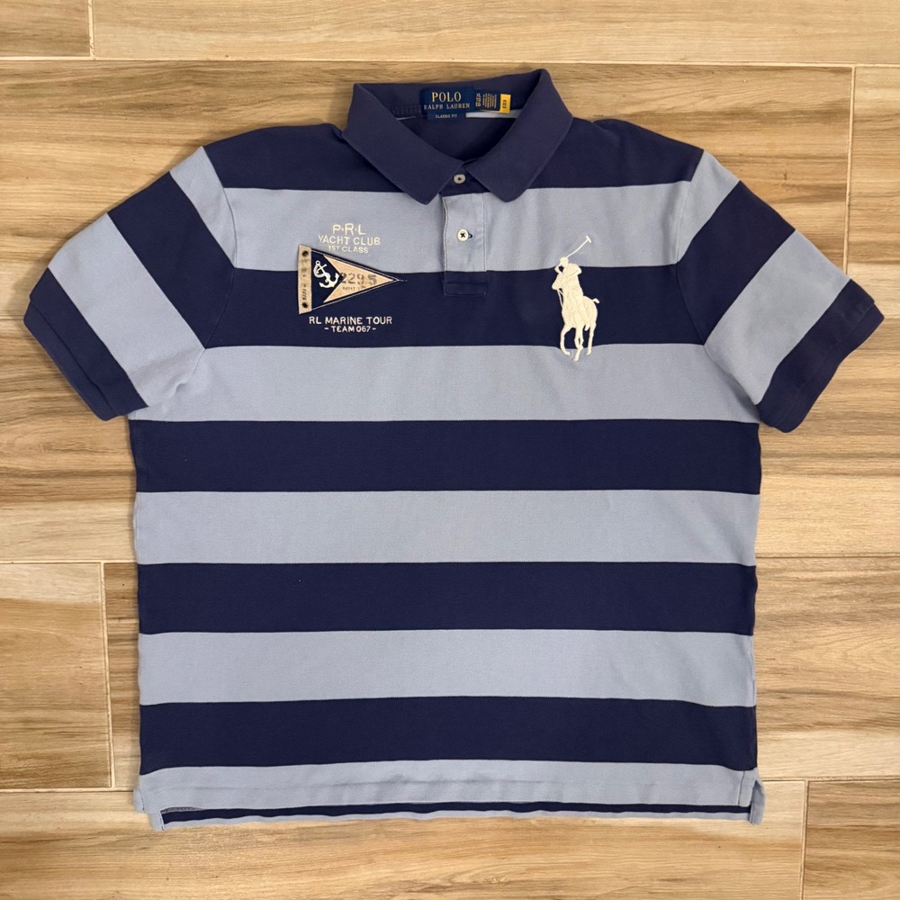 Polo Ralph Lauren Yacht Club Marine Tour Striped Big Pony Polo Shirt Navy XL